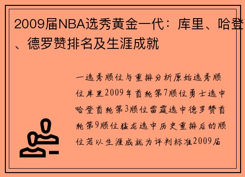 2009届NBA选秀黄金一代：库里、哈登、德罗赞排名及生涯成就