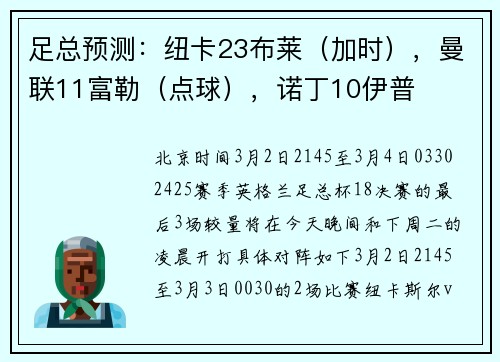 足总预测：纽卡23布莱（加时），曼联11富勒（点球），诺丁10伊普