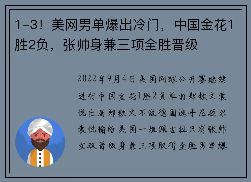 1-3！美网男单爆出冷门，中国金花1胜2负，张帅身兼三项全胜晋级