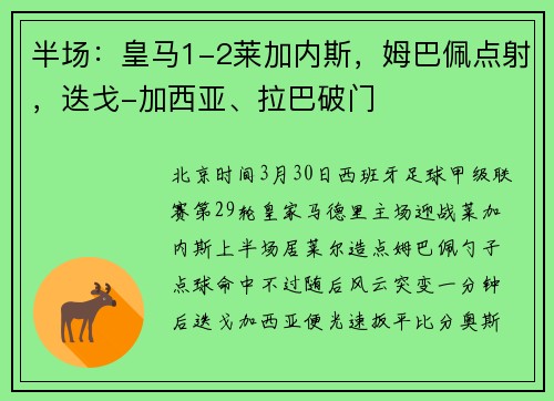 半场：皇马1-2莱加内斯，姆巴佩点射，迭戈-加西亚、拉巴破门
